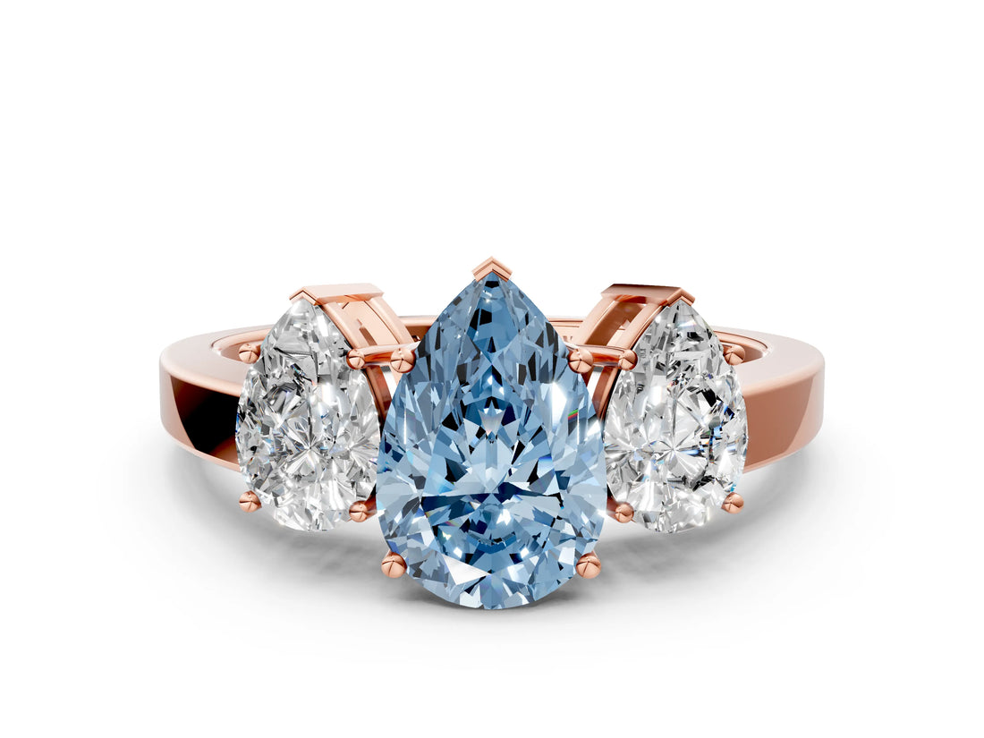 Rose gold Three-Stone Fancy Blue Pear Cut Cut Diamond Engagement Ring with Flat Band and Four-Prong Setting