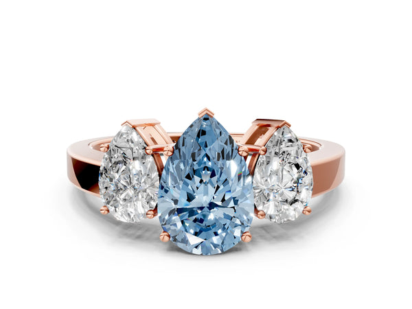 Rose gold Three-Stone Fancy Blue Pear Cut Cut Diamond Engagement Ring with Flat Band and Four-Prong Setting