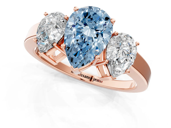 Rose gold Three-Stone Fancy Blue Pear Cut Cut Diamond Engagement Ring with Flat Band and Four-Prong Setting