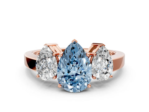 Rose gold Three-Stone Fancy Blue Pear Cut Cut Diamond Engagement Ring with Flat Band and Four-Prong Setting
