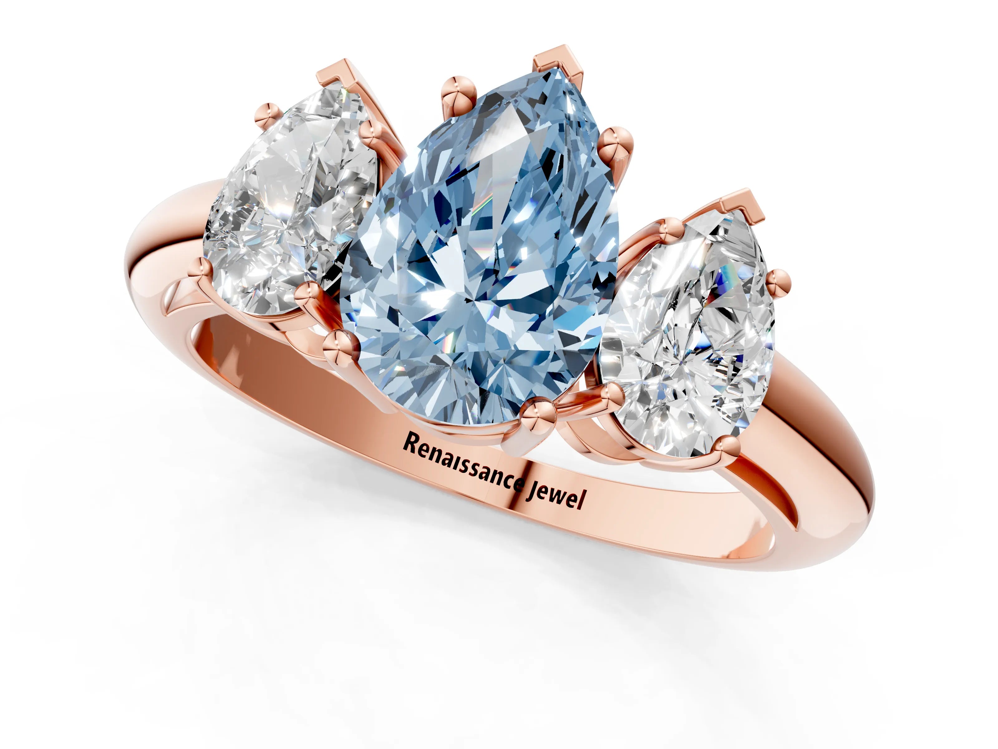 Rose gold Three-Stone Fancy Blue Pear Cut Cut Diamond Engagement Ring with Prong Setting on a White Gold Band_1
