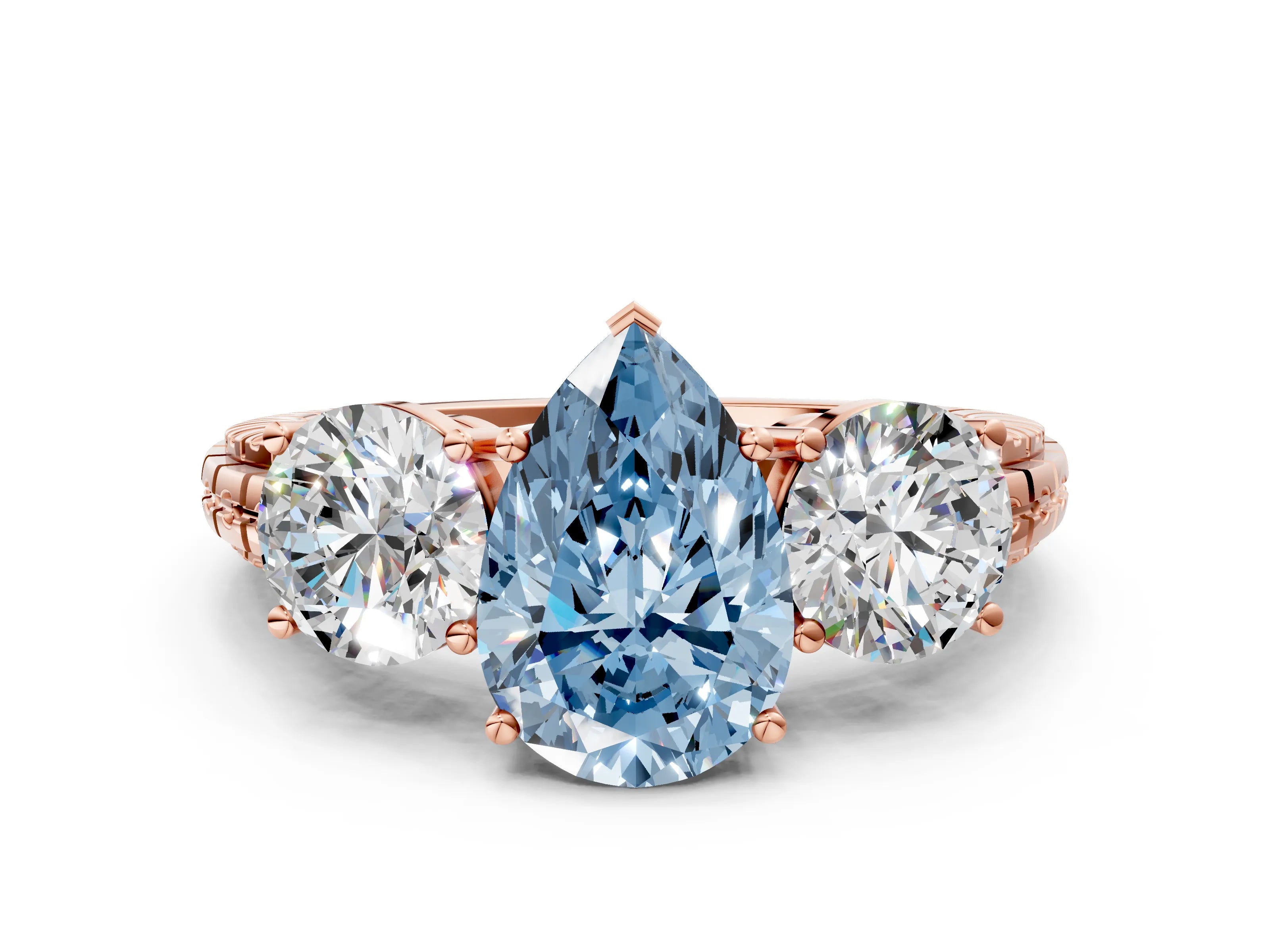 Rose gold Three-Stone Fancy Blue Pear Cut Cut Diamond Ring with Channel-Set Band and Prong Setting