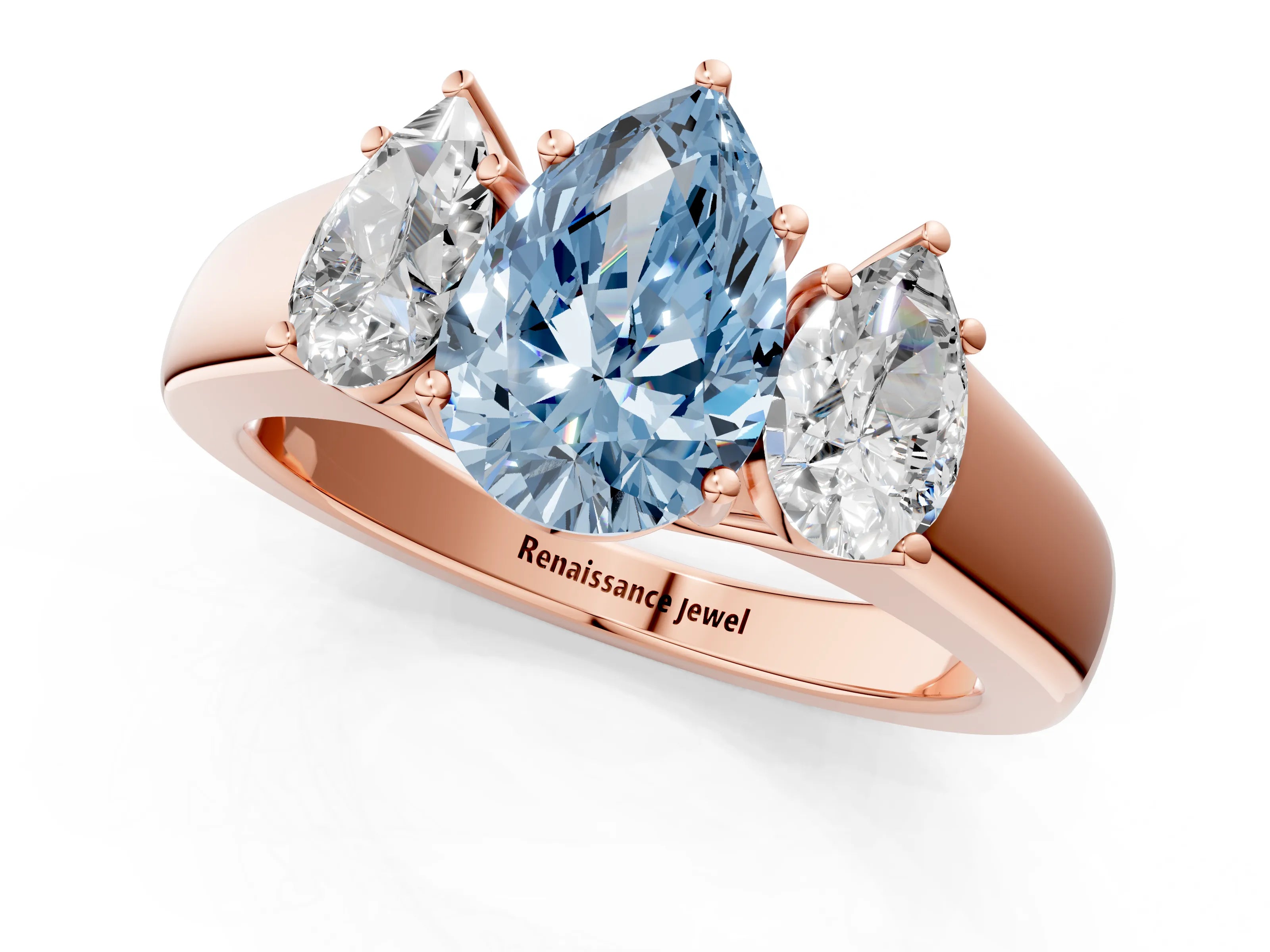Rose gold Three-Stone Fancy Blue Pear Cut Cut Diamond Ring with Prong Setting and Classic Band_1