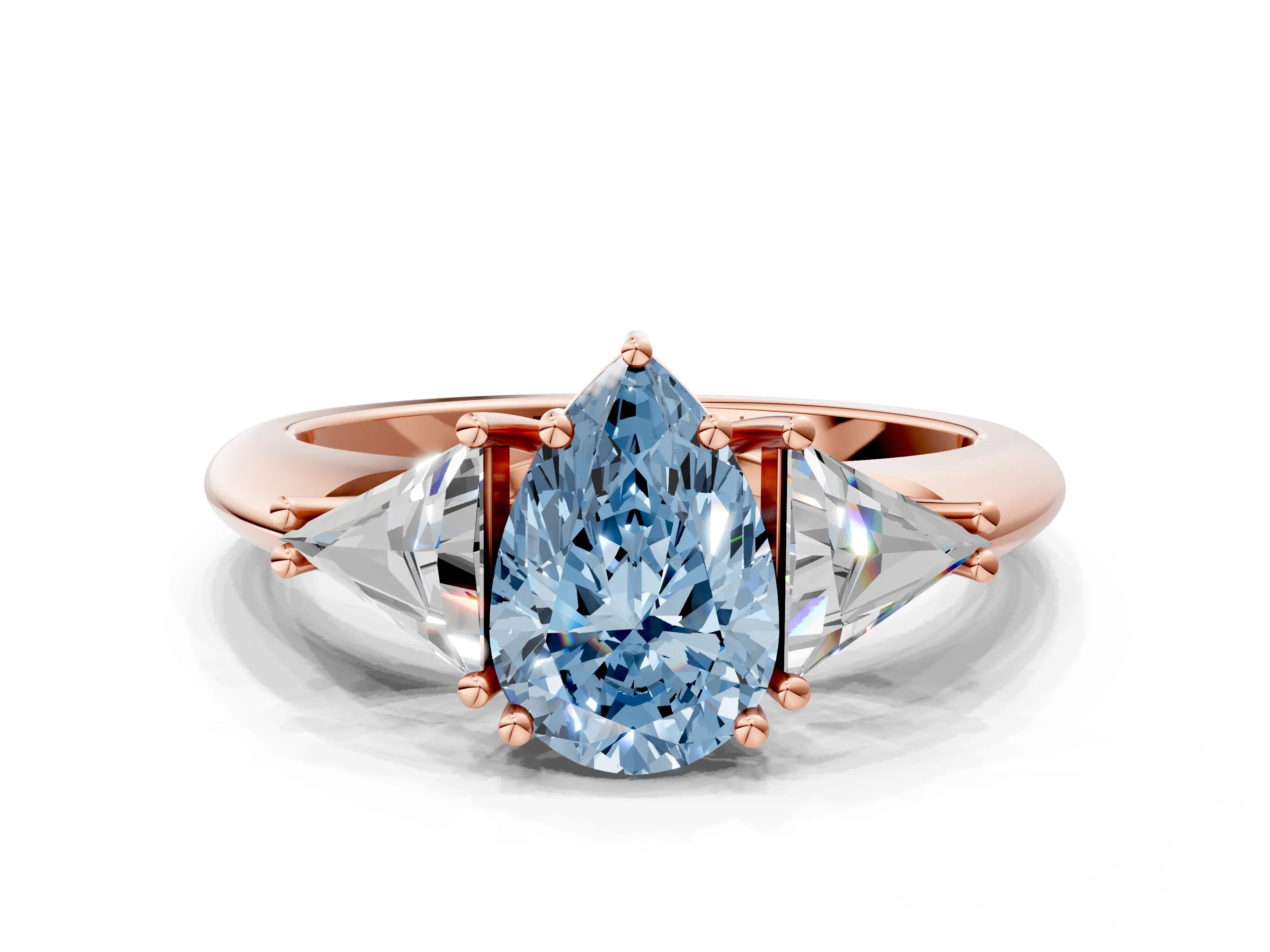 Rose gold Three-Stone Fancy Blue Pear Cut Cut Diamond Ring with Trillion Side Stones and Four-Prong Setting_3