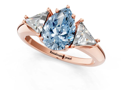 Rose gold Three-Stone Fancy Blue Pear Cut Cut Diamond Ring with Trillion Side Stones and Four-Prong Setting_4