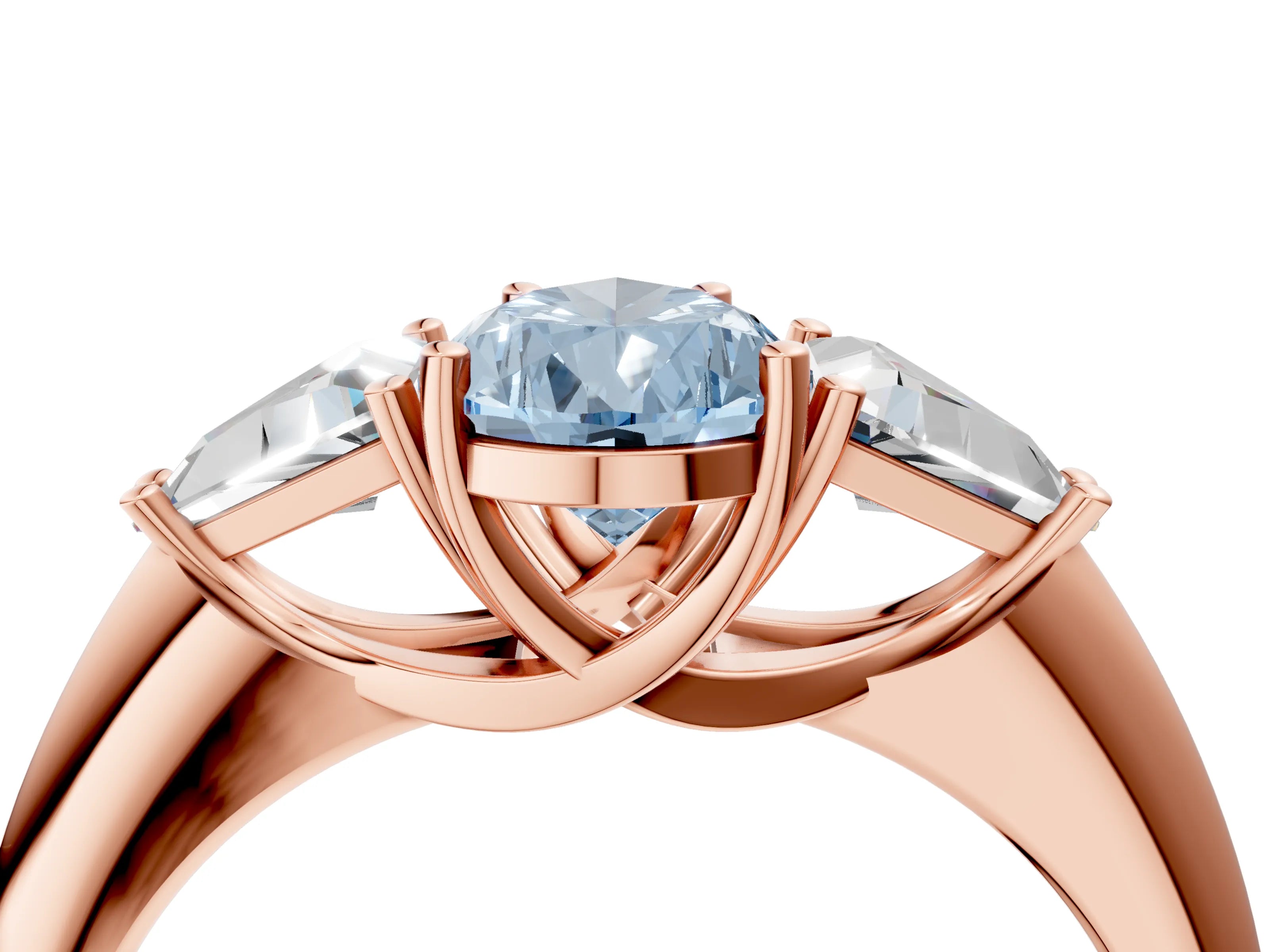 Rose gold Three-Stone Fancy Blue Pear Cut Cut Diamond Ring with Trillion Side Stones and Four-Prong Setting_7
