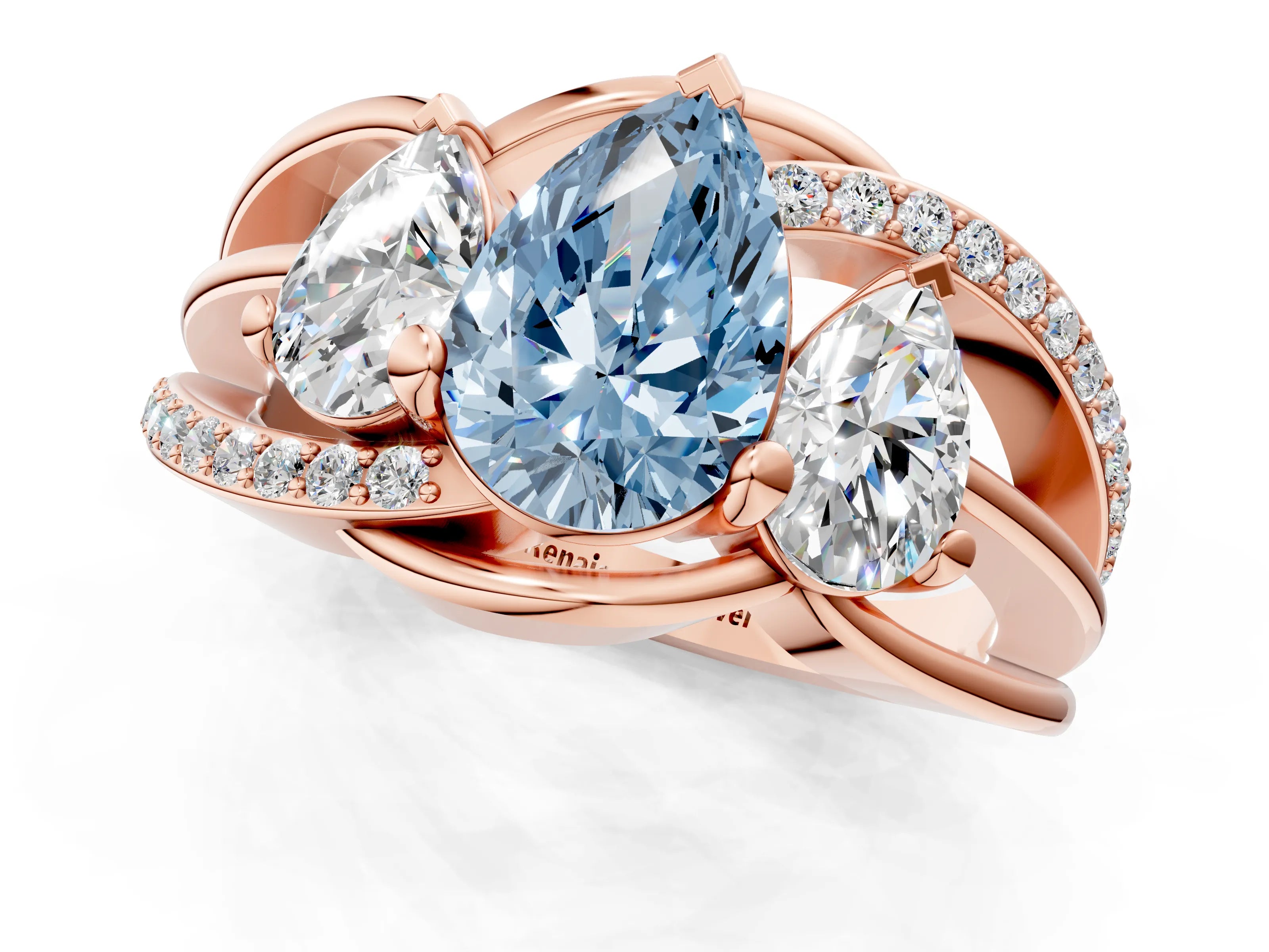 Rose gold Three-Stone Fancy Blue Pear Cut Cut Diamond Split Shank Prong Set Ring_1