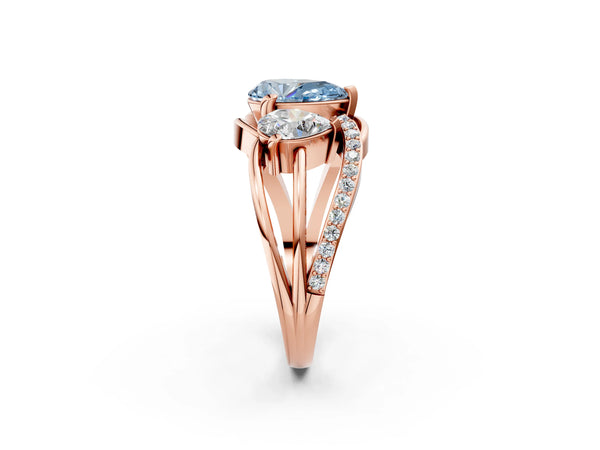 Rose Gold Pear-Shaped Three Stone Split Shank Engagement Ring Setting for Fancy Blue Center