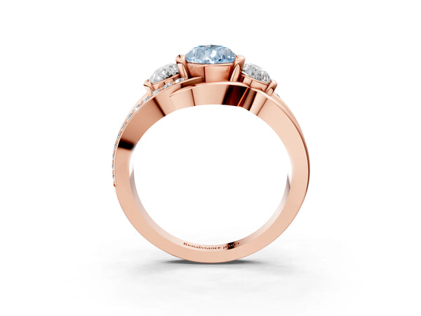 Rose Gold Pear-Shaped Three Stone Split Shank Engagement Ring Setting for Fancy Blue Center