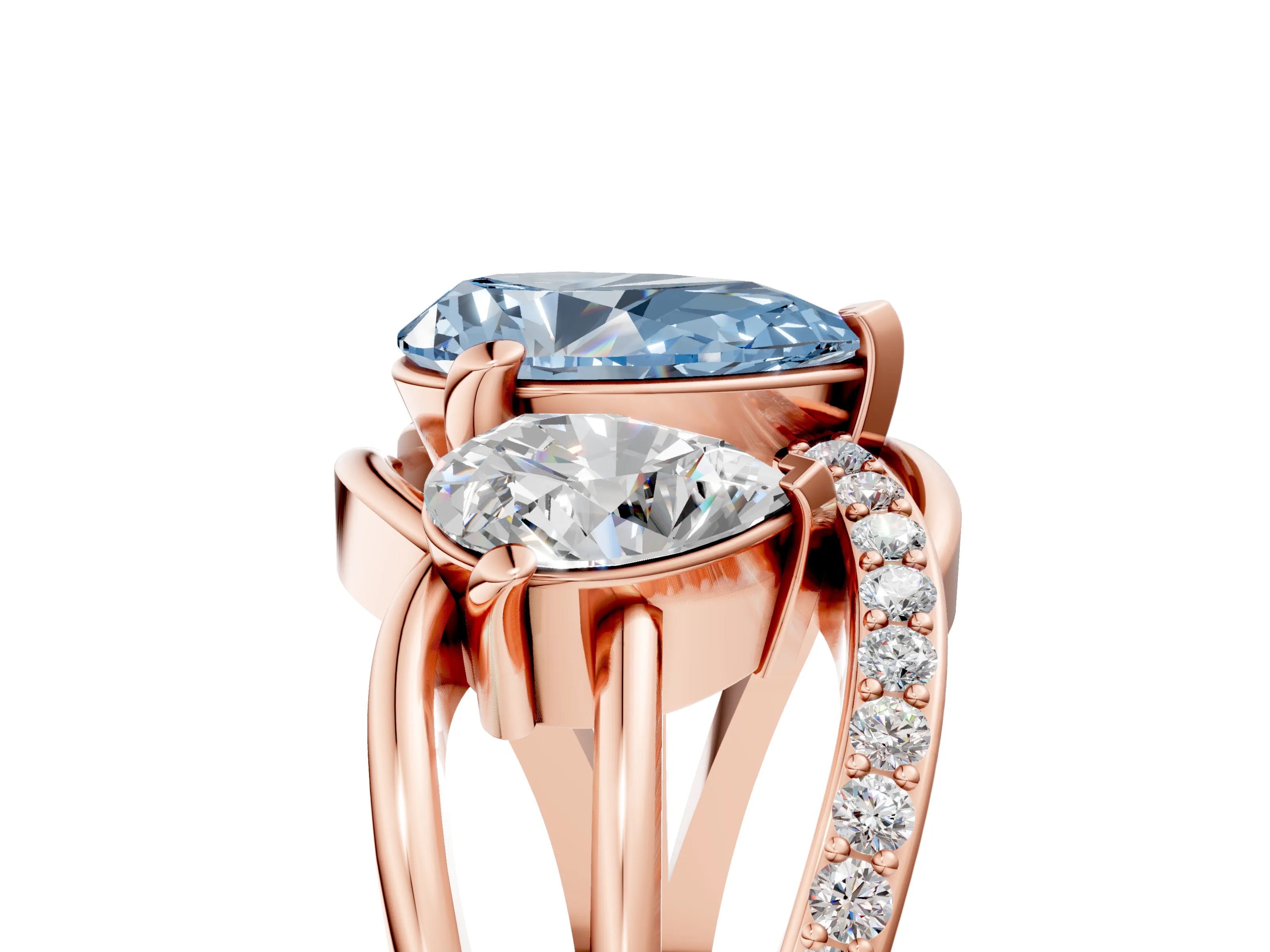 Rose gold Three-Stone Fancy Blue Pear Cut Cut Diamond Split Shank Prong Set Ring_5
