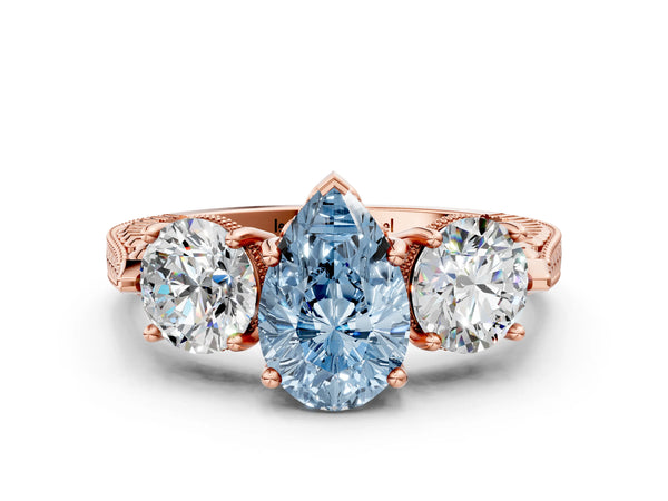 Rose Gold Pear-Shaped Vintage Three Stone Engagement Ring Setting for Fancy Blue Center