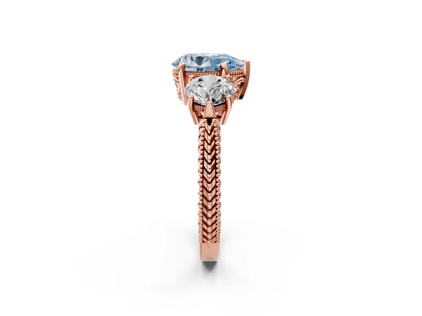 Rose Gold Pear-Shaped Vintage Three Stone Engagement Ring Setting for Fancy Blue Center