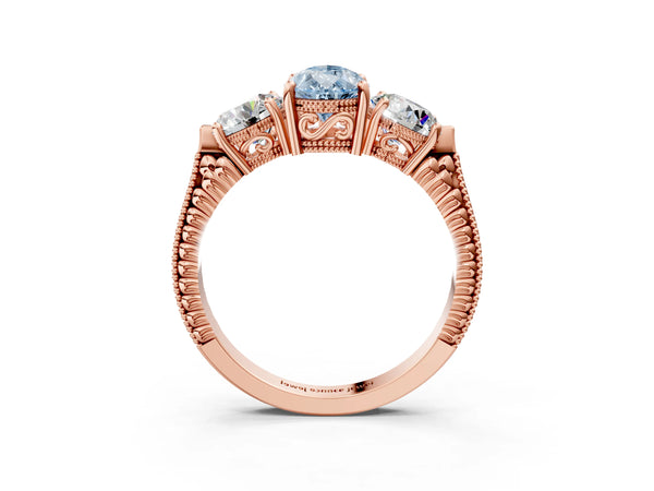 Rose Gold Pear-Shaped Vintage Three Stone Engagement Ring Setting for Fancy Blue Center