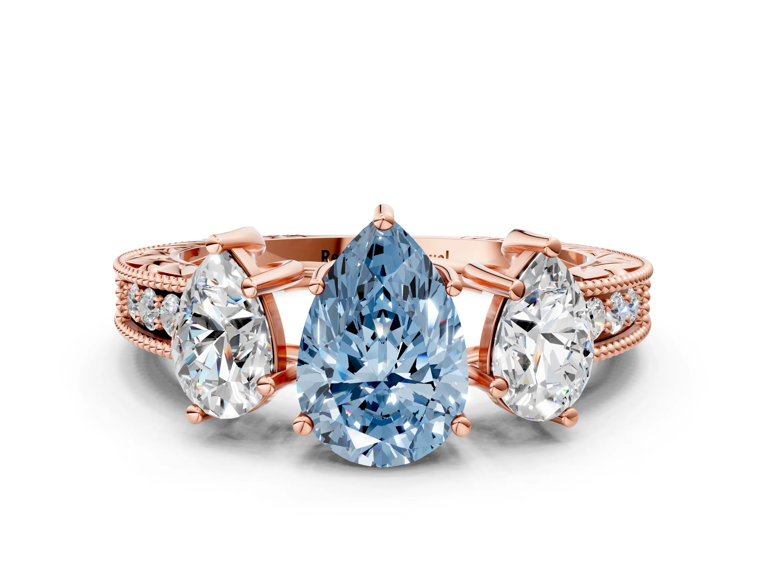 Rose gold Three-Stone Fancy Blue Pear Cut Cut Milgrain Pavé Engagement Ring
