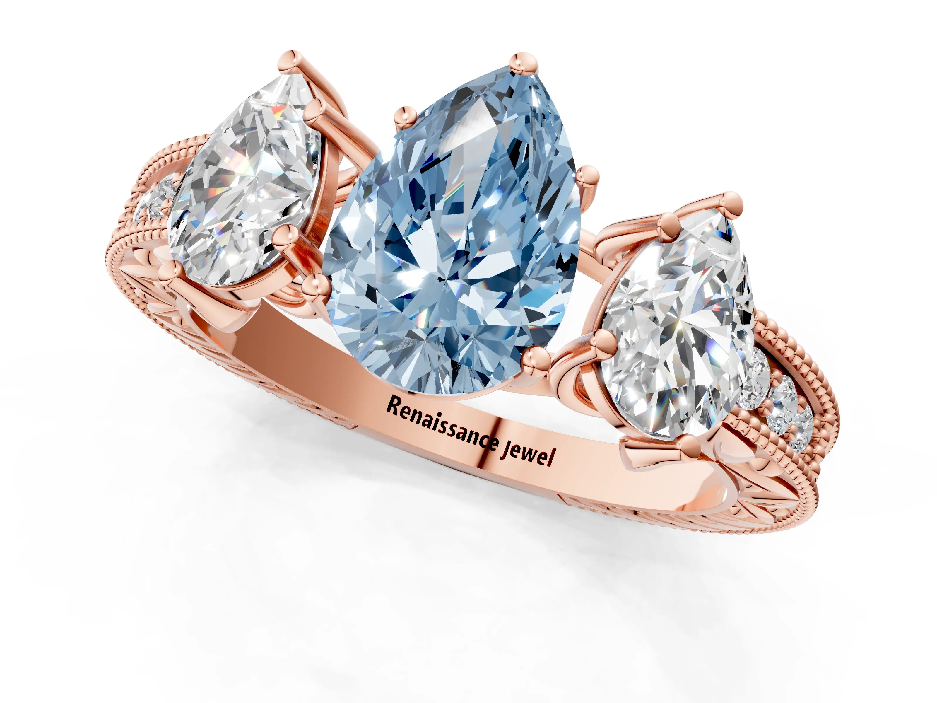 Rose gold Three-Stone Fancy Blue Pear Cut Cut Milgrain Pavé Engagement Ring_1