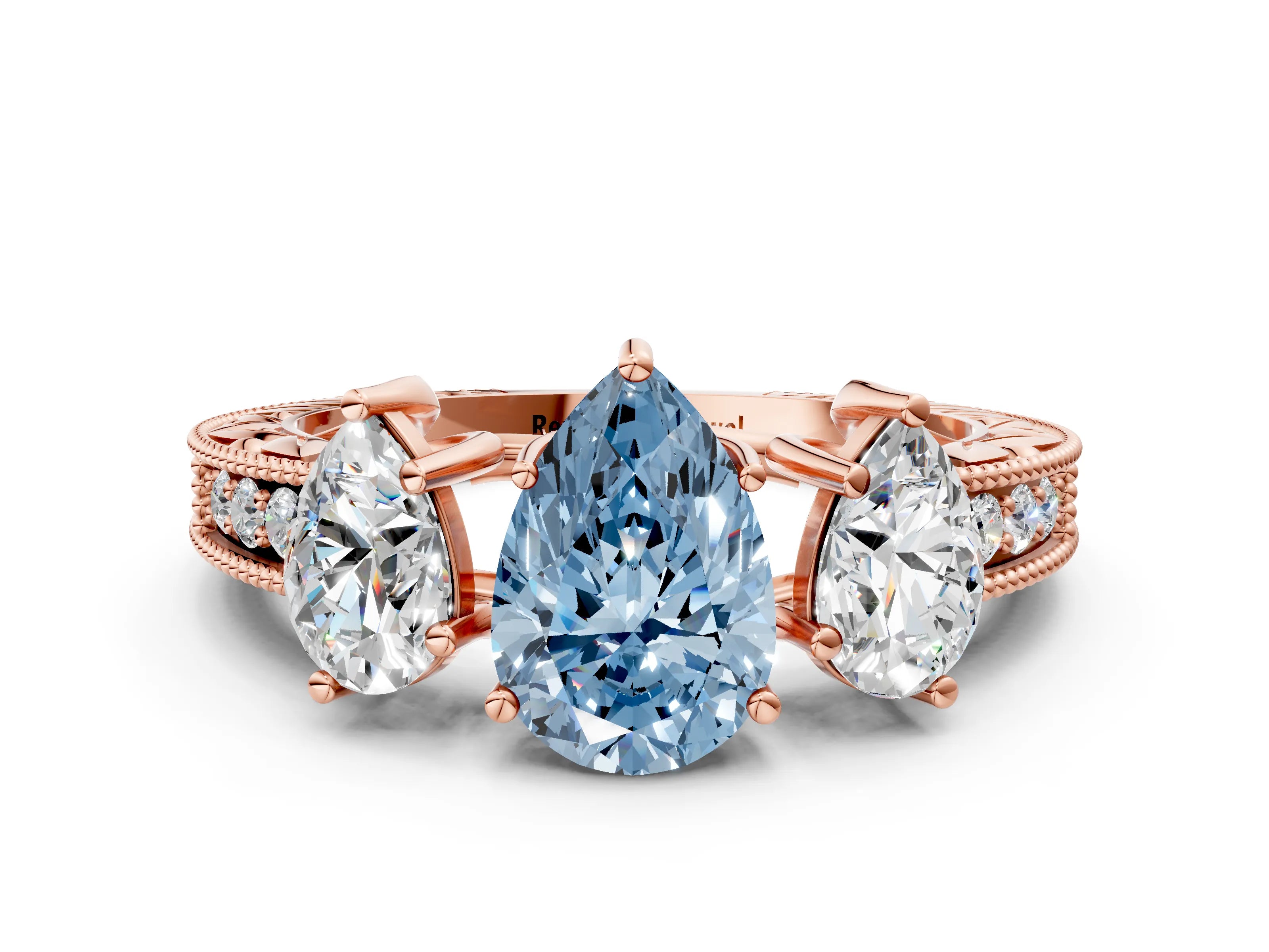 Rose gold Three-Stone Fancy Blue Pear Cut Cut Milgrain Pavé Engagement Ring_12