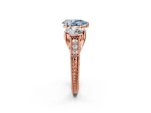 Rose Gold Pear-Shaped Engraved Three Stone Engagement Ring Setting for Fancy Blue Center