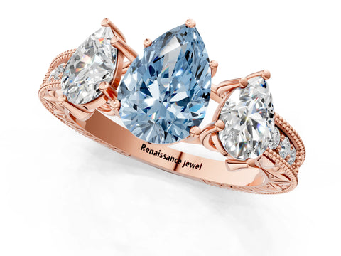 Rose gold Three-Stone Fancy Blue Pear Cut Cut Milgrain Pavé Engagement Ring_1
