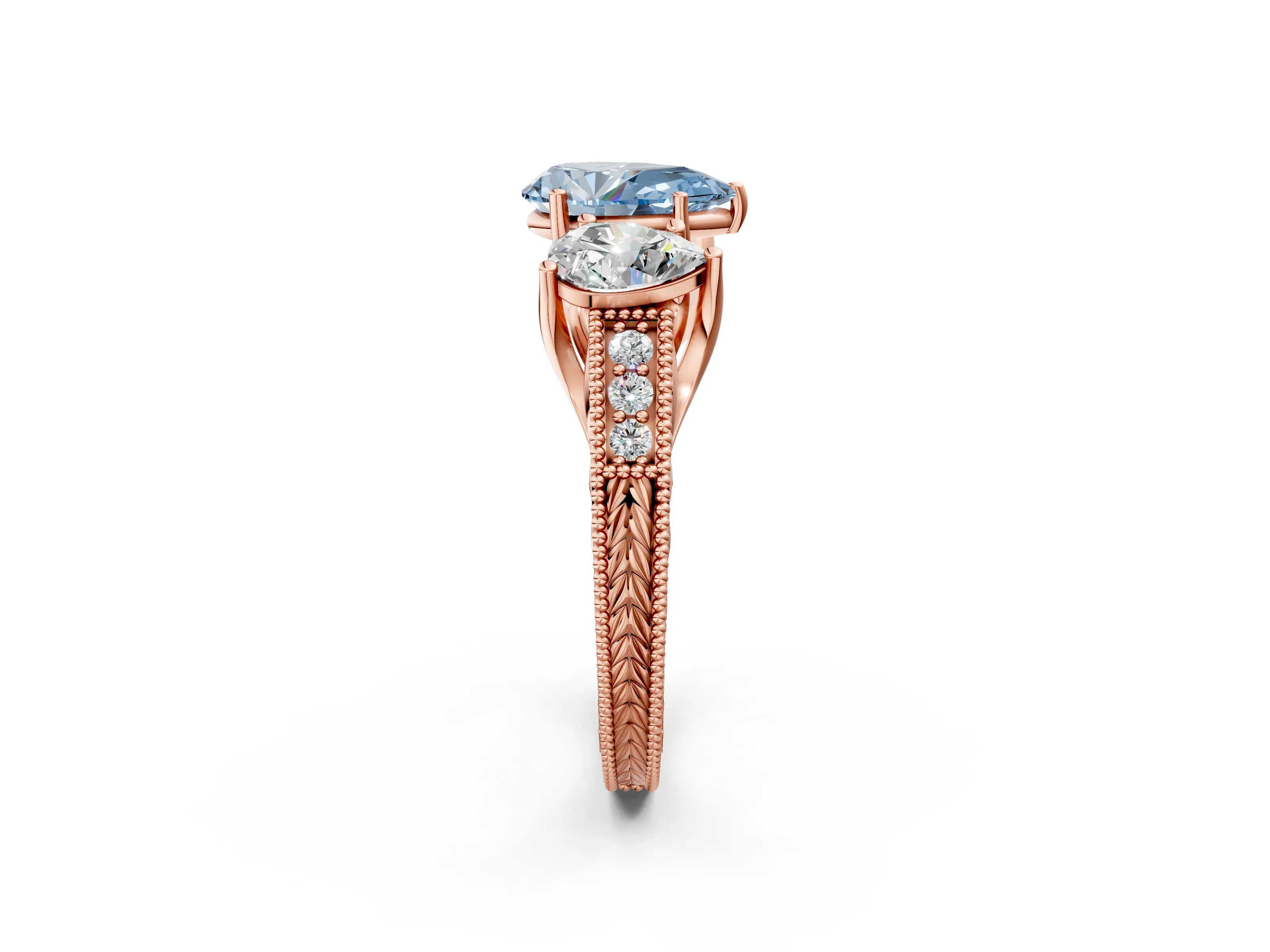 Rose gold Three-Stone Fancy Blue Pear Cut Cut Milgrain Pavé Engagement Ring_2