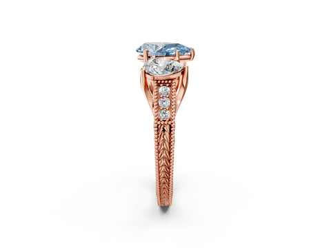 Rose gold Three-Stone Fancy Blue Pear Cut Cut Milgrain Pavé Engagement Ring_2