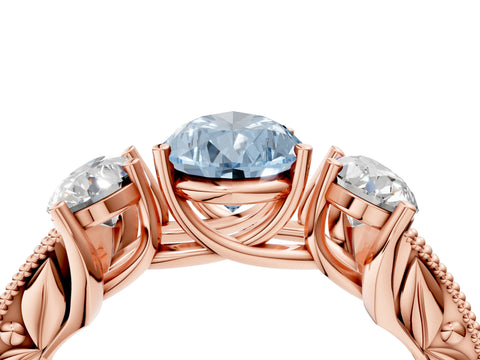 Rose gold Three-Stone Fancy Blue Pear Cut Cut Milgrain Pavé Engagement Ring_4