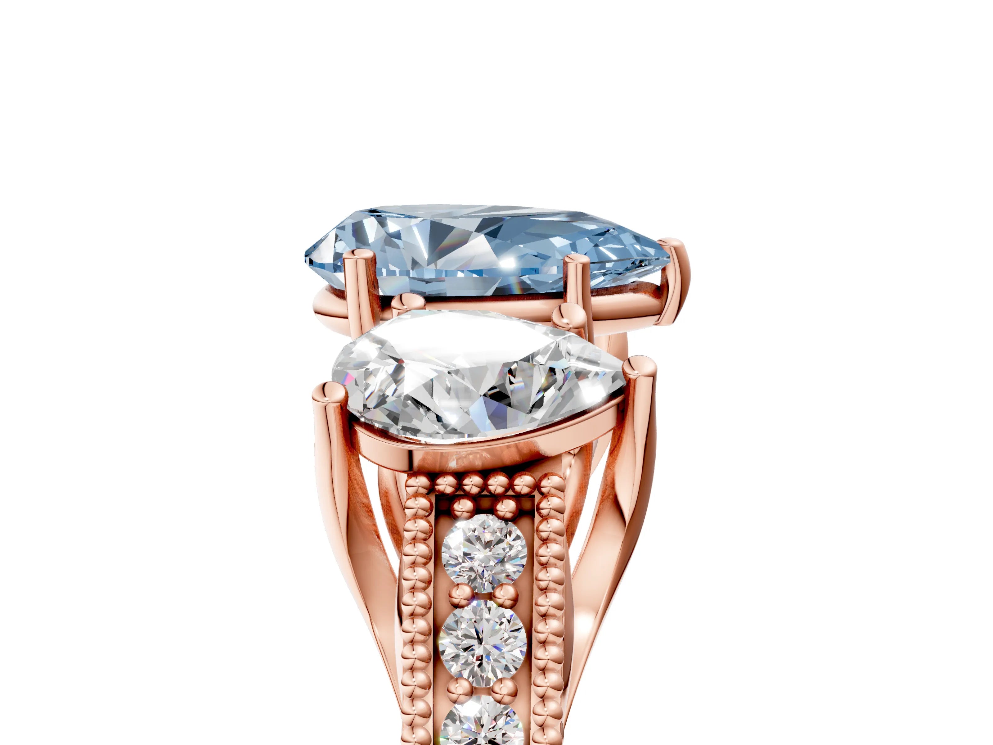 Rose gold Three-Stone Fancy Blue Pear Cut Cut Milgrain Pavé Engagement Ring_5