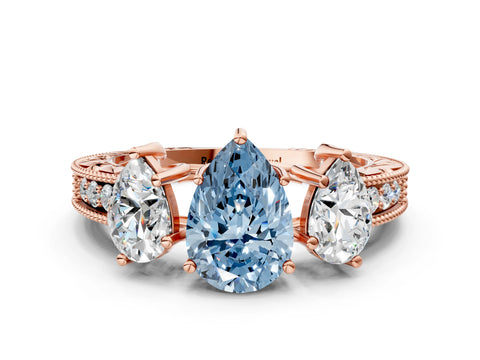 Rose gold Three-Stone Fancy Blue Pear Cut Cut Milgrain Pavé Engagement Ring