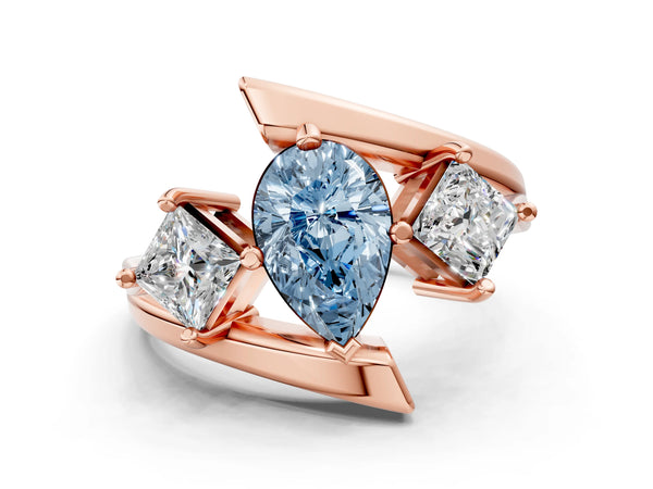 Rose gold Three-Stone Fancy Blue Pear Cut Cut Tension Band Ring with Four-Prong Setting