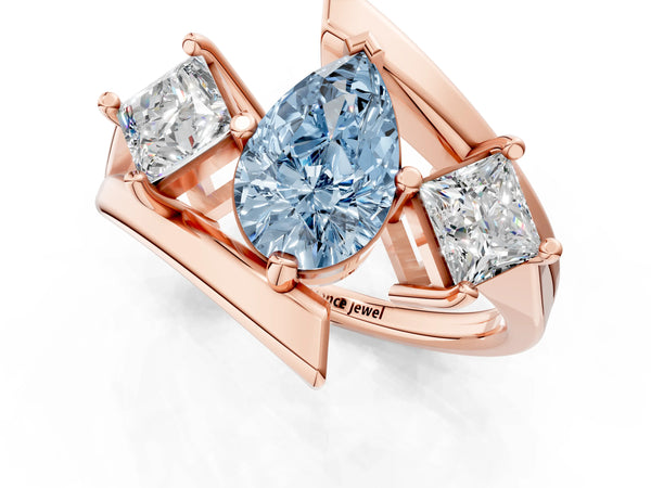 Rose gold Three-Stone Fancy Blue Pear Cut Cut Tension Band Ring with Four-Prong Setting