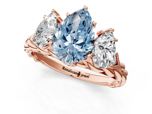 Rose gold Three-Stone Fancy Blue Pear Cut Diamond Braided Band Ring with Four-Prong Setting