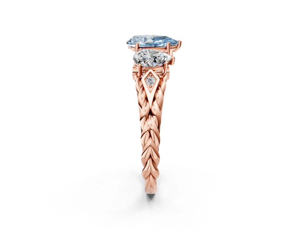 Rose gold Three-Stone Fancy Blue Pear Cut Diamond Braided Band Ring with Four-Prong Setting