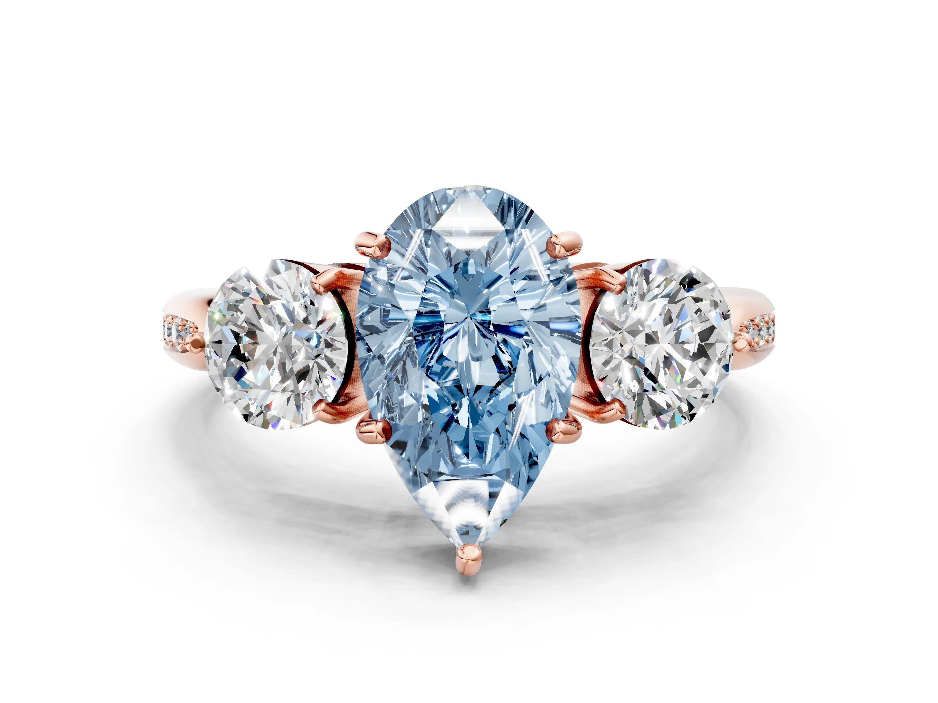 Rose gold Three-Stone Fancy Blue Pear Cut Diamond Channel Set Engagement Ring with Prong Setting