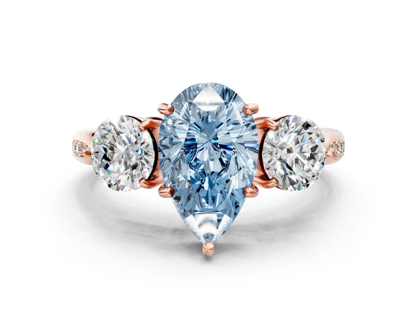 Rose gold Three-Stone Fancy Blue Pear Cut Diamond Channel Set Engagement Ring with Prong Setting