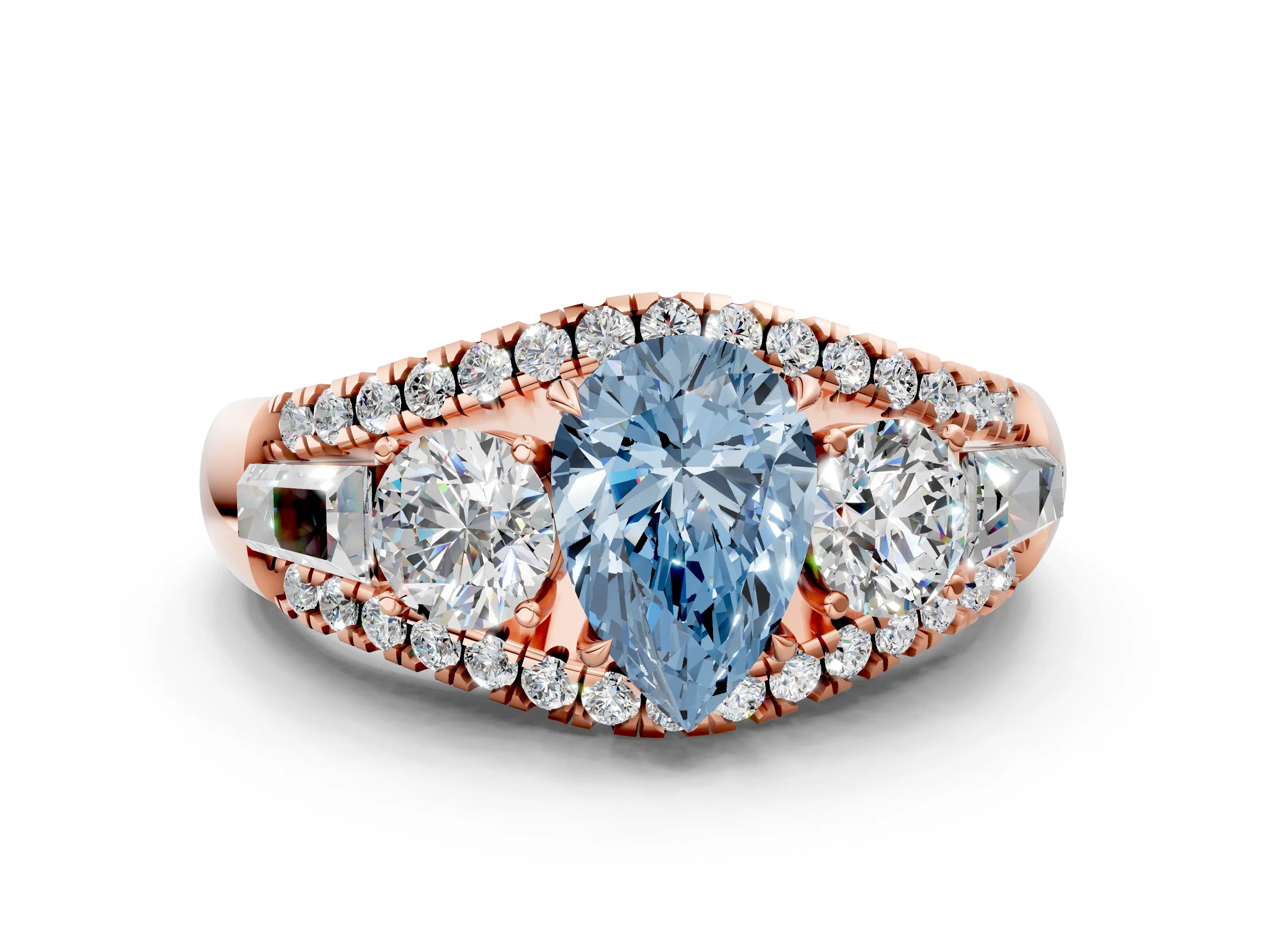 Rose gold Three-Stone Fancy Blue Pear Cut Diamond Engagement Ring with Pave Band and Prong Setting