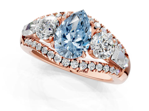 Rose gold Three-Stone Fancy Blue Pear Cut Diamond Engagement Ring with Pave Band and Prong Setting_1