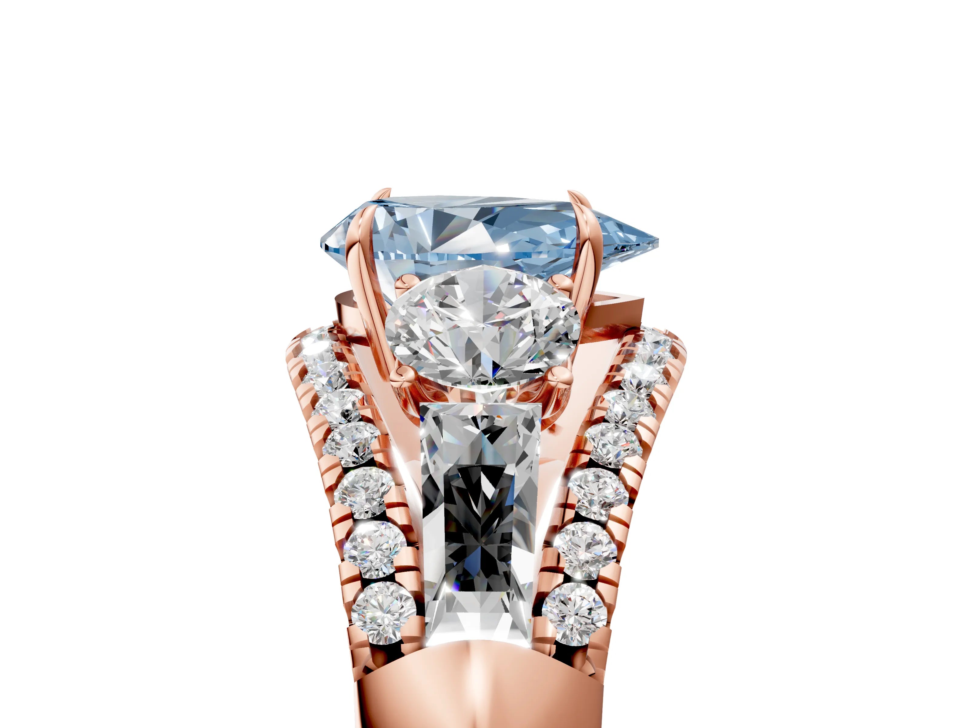 Rose gold Three-Stone Fancy Blue Pear Cut Diamond Engagement Ring with Pave Band and Prong Setting_5