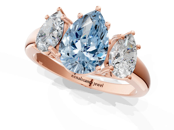 Rose gold Three-Stone Fancy Blue Pear Cut Diamond Engagement Ring with Prong Setting