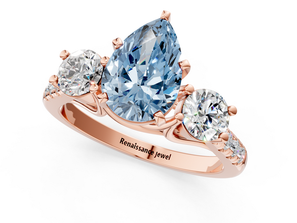 Rose gold Three-Stone Fancy Blue Pear Cut Diamond Pavé Band with Four-Prong Setting