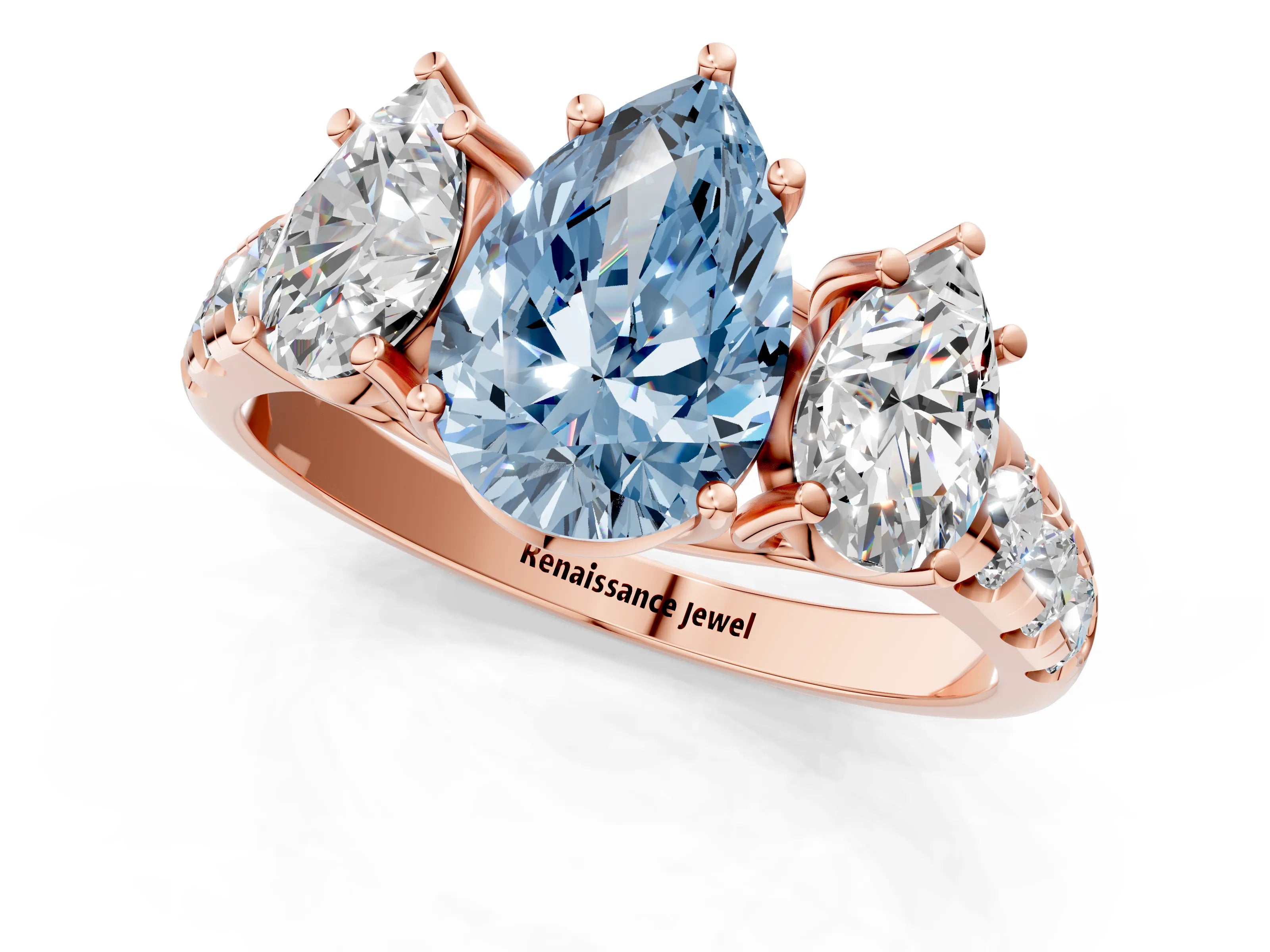 Rose gold Three-Stone Fancy Blue Pear Cut Diamond Pavé Band with Prong Setting_1