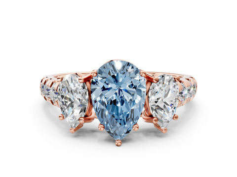 Rose gold Three-Stone Fancy Blue Pear Cut Diamond Pavé Band with Prong Setting
