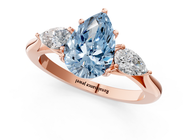 Rose gold Three-Stone Fancy Blue Pear  Cut Diamond Ring with Pear Side Stones in Four-Prong Setting