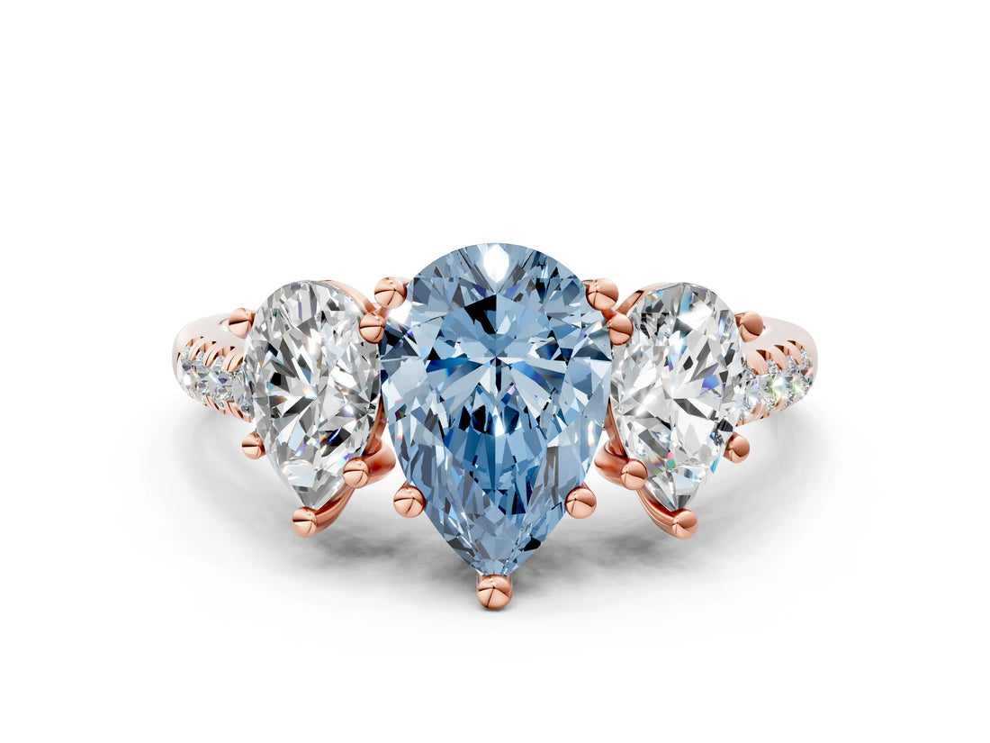 Rose gold Three-Stone Fancy Blue Pear Cut Diamond Ring with Round  Pavé Band and Prong Setting_24