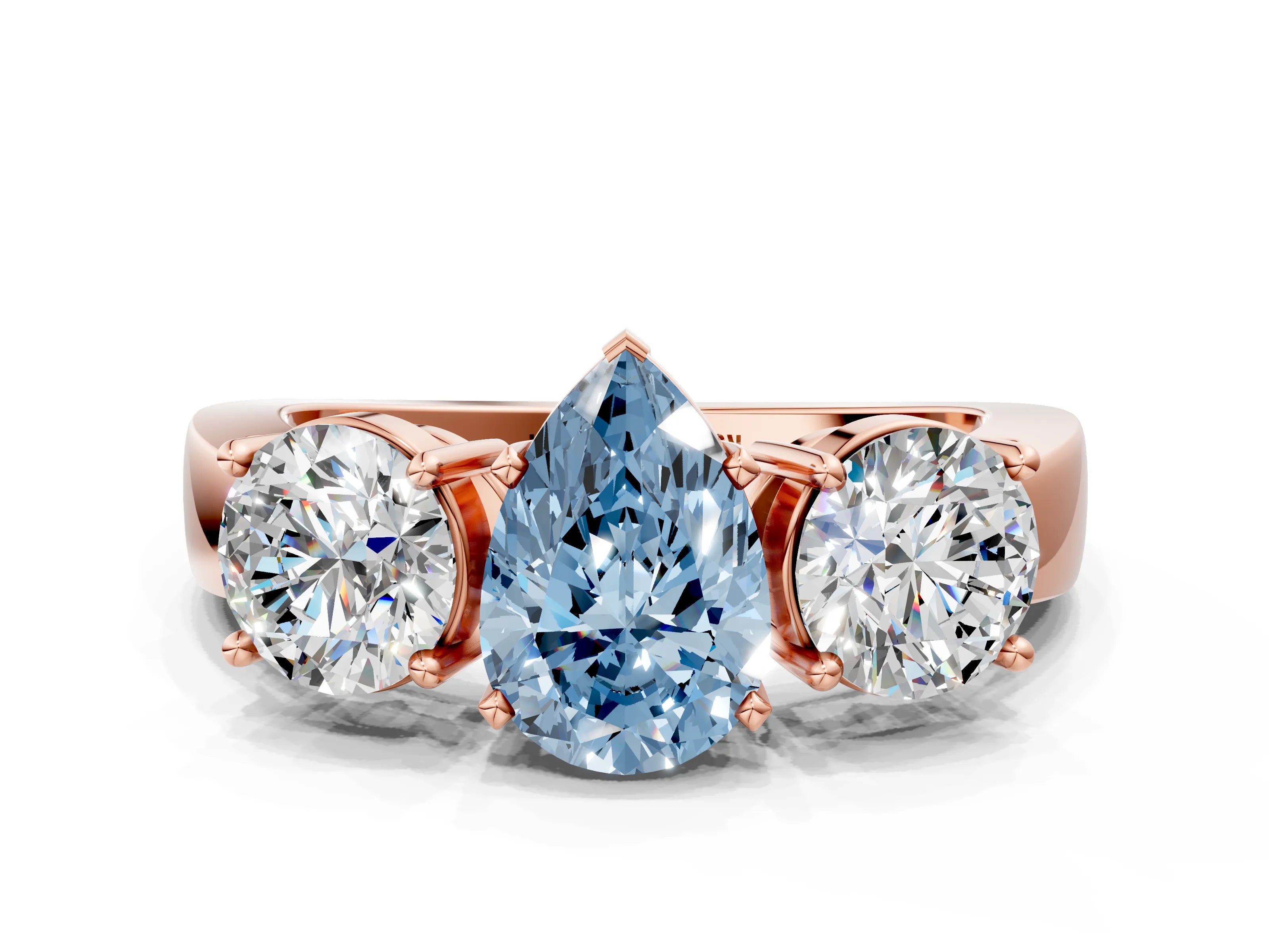 Rose gold Three-Stone Fancy Blue Pear Cut Diamond Ring with Round Side Stones, Classic Band, and Four-Prong Setting