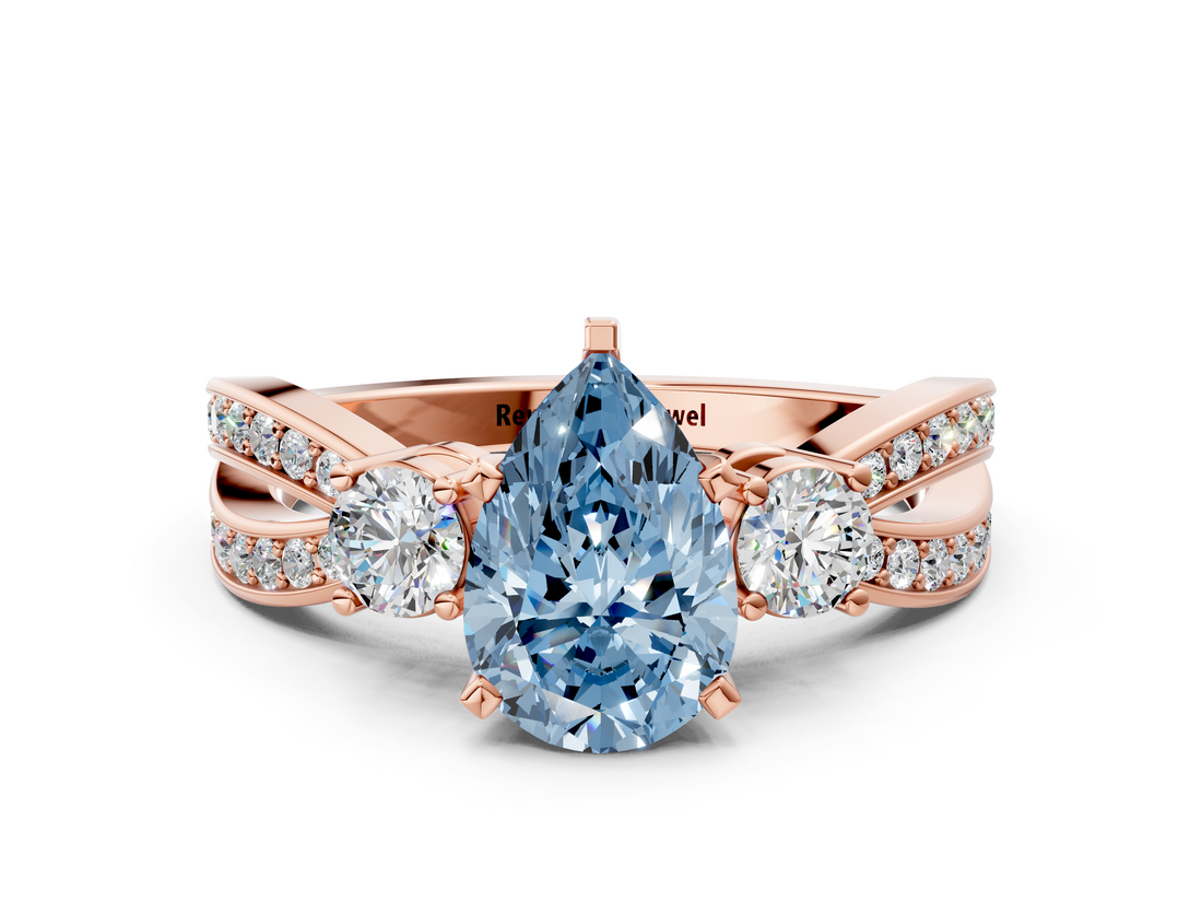 Rose gold Three-Stone Fancy Blue Pear  Cut Diamond Twist Band with Prong Setting_51