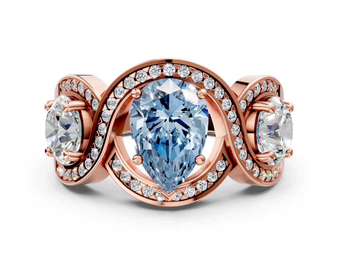 Rose gold Three-Stone Fancy Blue Pear Cut Diamond Wave Pave Band with Prong Setting