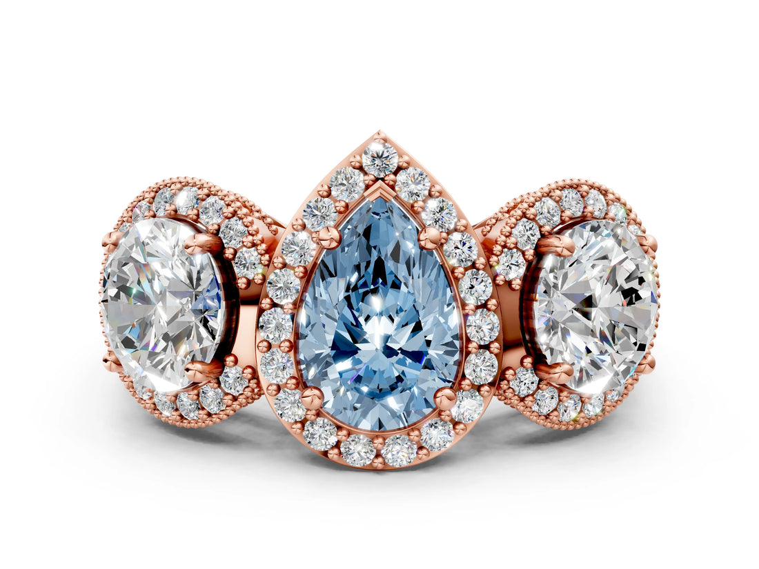Rose gold Three-Stone Fancy Blue Pear Cut Halo Diamond Milgrain Band with Four-Prong Setting
