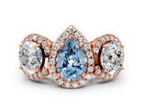 Rose gold Three-Stone Fancy Blue Pear Cut Halo Diamond Milgrain Band with Four-Prong Setting