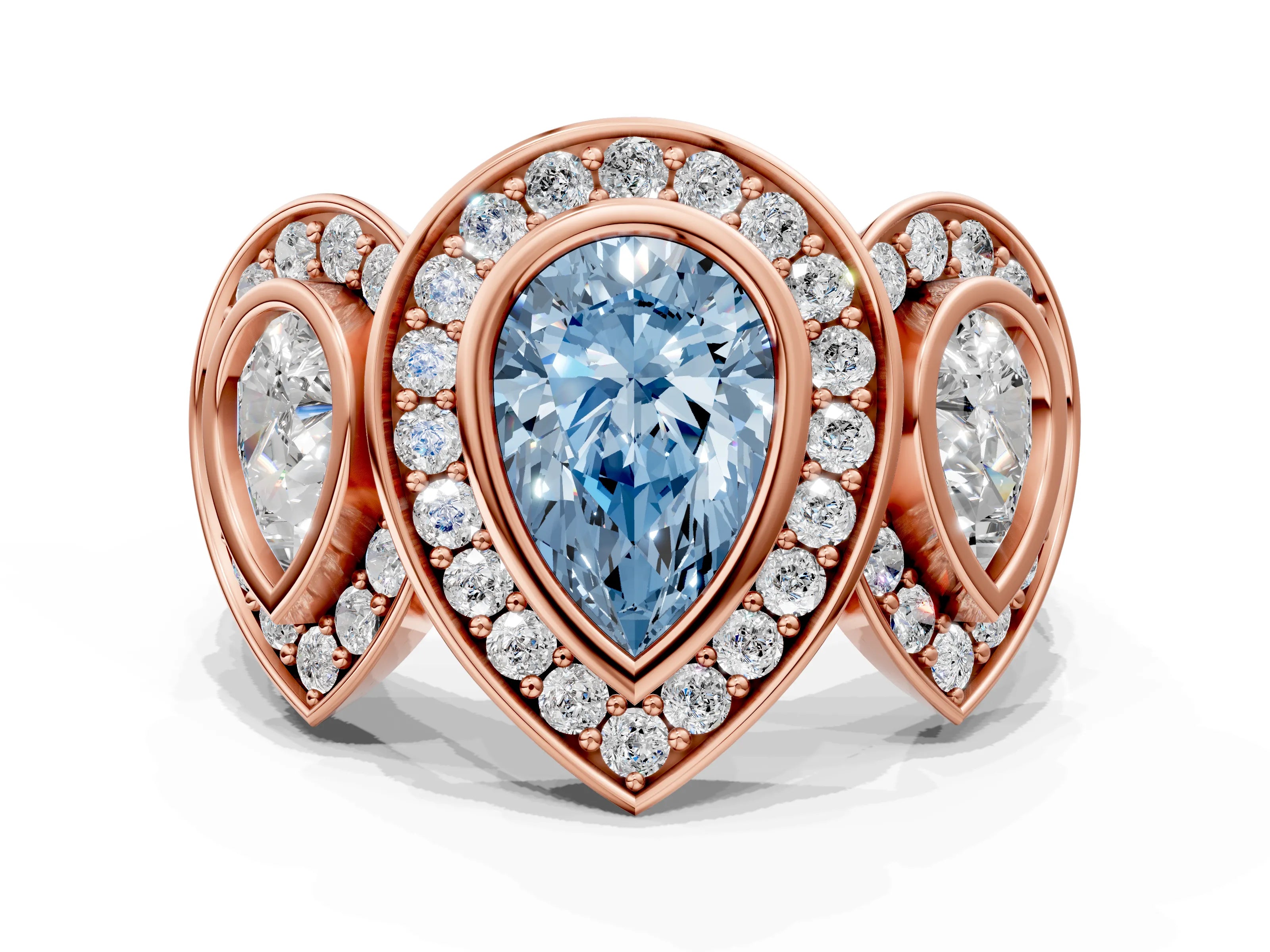 Rose gold Three-Stone Fancy Blue Pear Cut Halo Pavé Diamond Ring