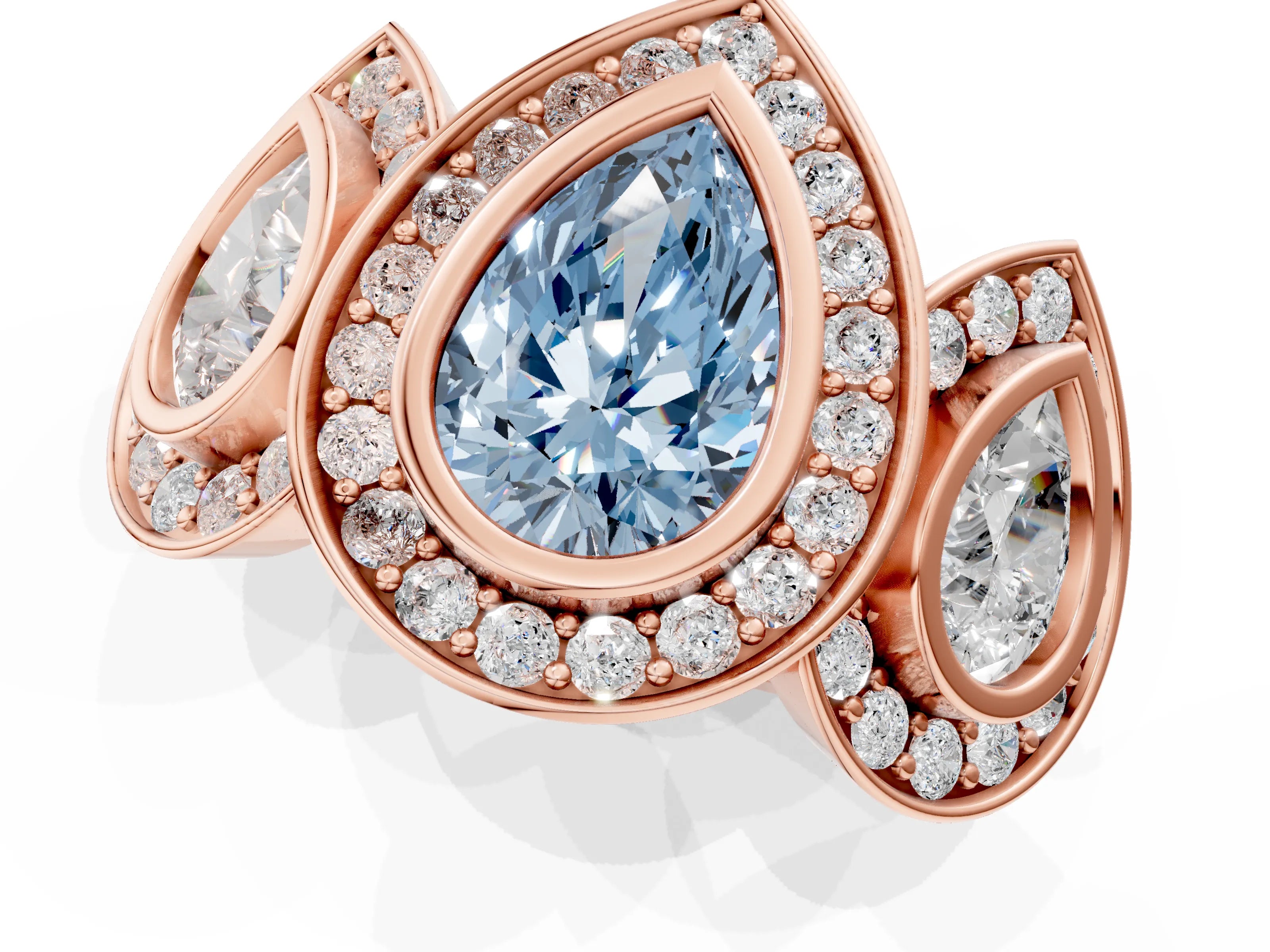 Rose gold Three-Stone Fancy Blue Pear Cut Halo Pavé Diamond Ring_1