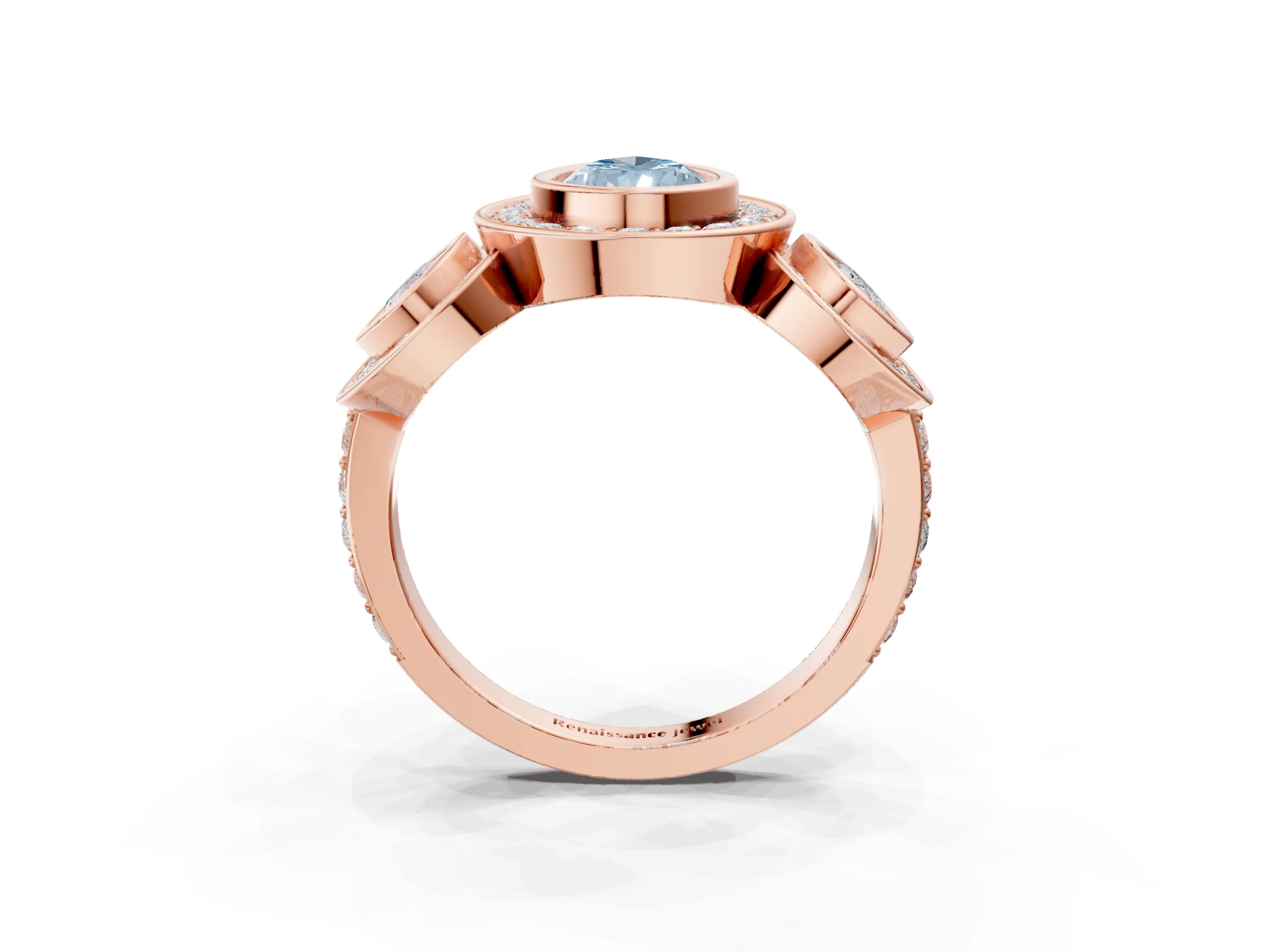Rose gold Three-Stone Fancy Blue Pear Cut Halo Pavé Diamond Ring_3